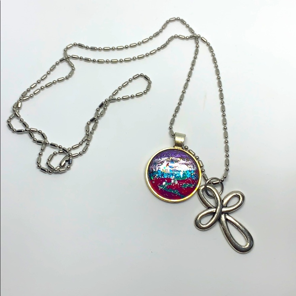 Art Glass, silver cross necklace